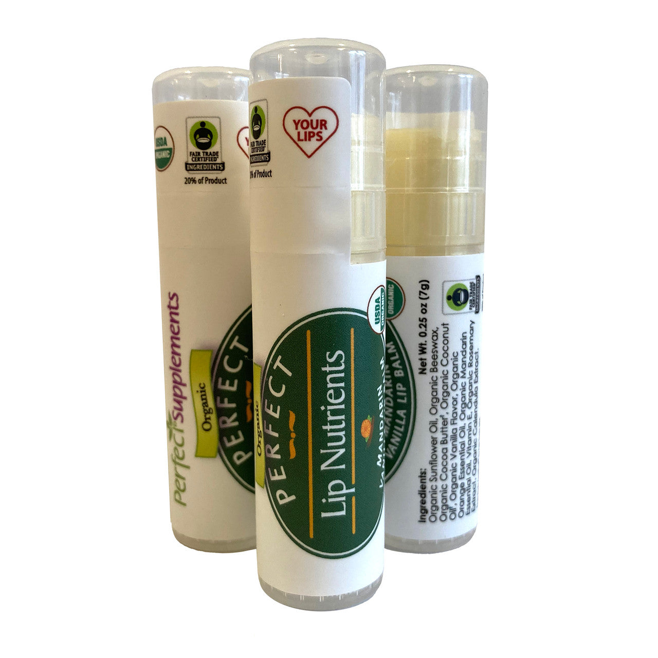 Perfect Supplements Lip Nutrients - 3 Pack - Organic & Fair Trade Lip Balm - Mandarin Vanilla