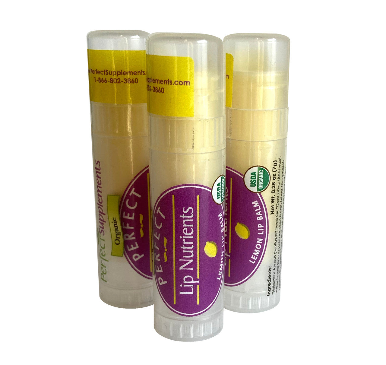 Perfect Supplements Lip Nutrients - 3 Pack - Organic & Fair Trade Lip Balm - Lemongrass