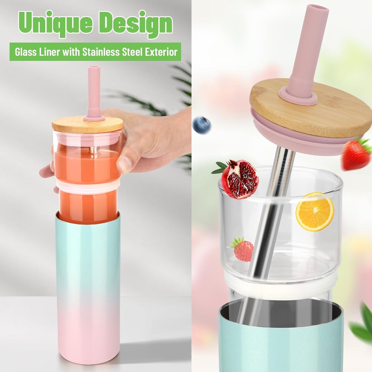 Tronco 20 oz Double Walled Insulated Glass Tumbler with Straw and Lid