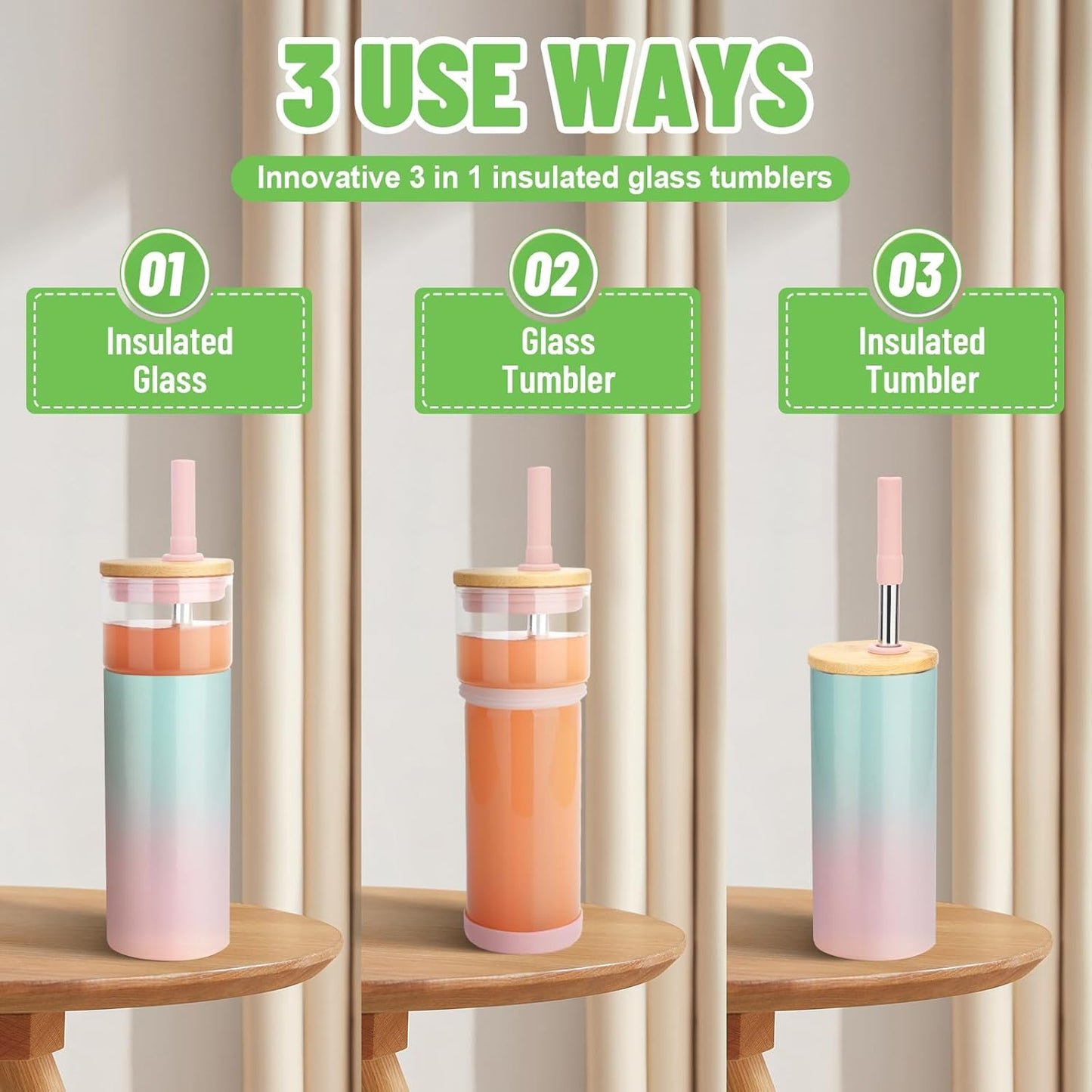 Tronco 20 oz Double Walled Insulated Glass Tumbler with Straw and Lid