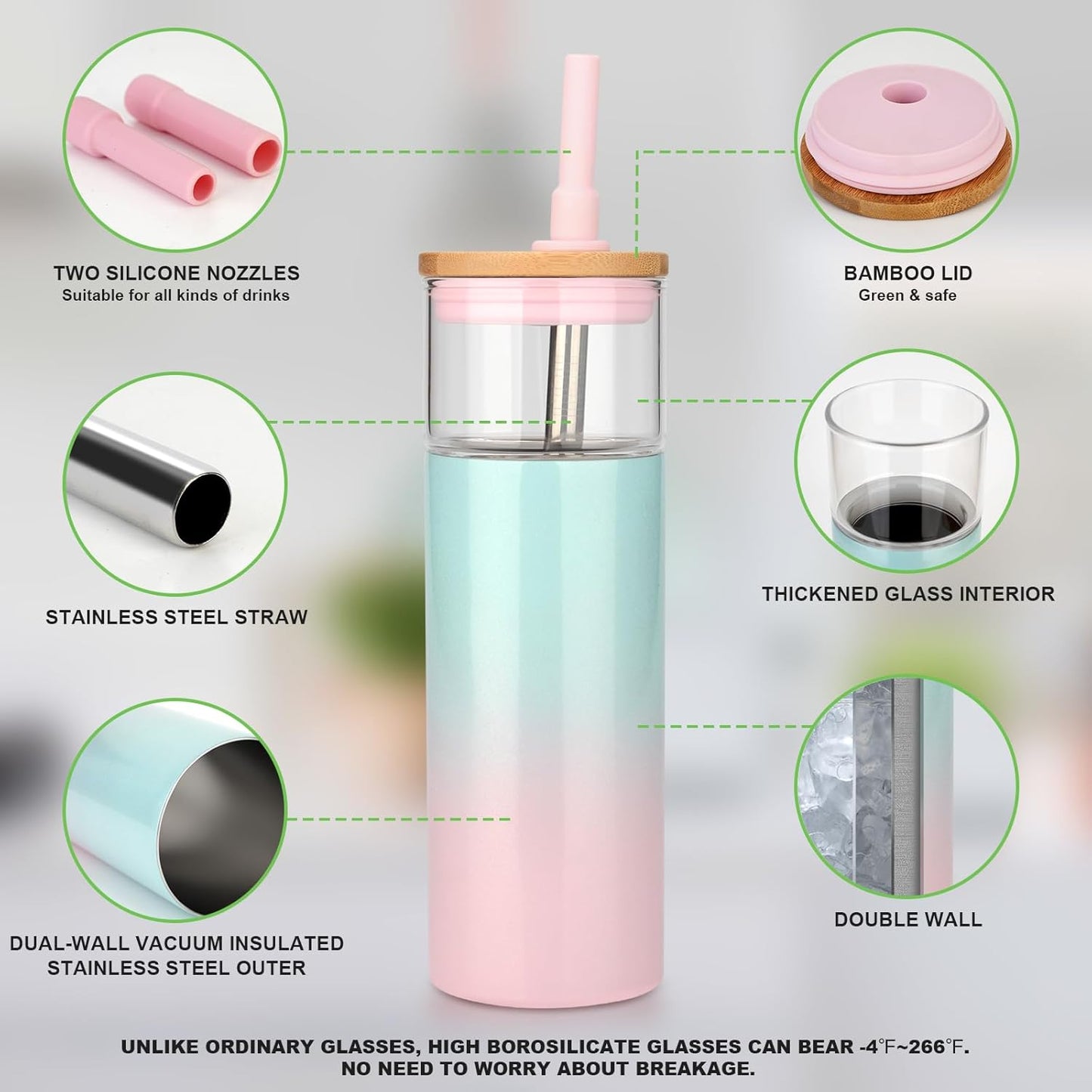 Tronco 20 oz Double Walled Insulated Glass Tumbler with Straw and Lid