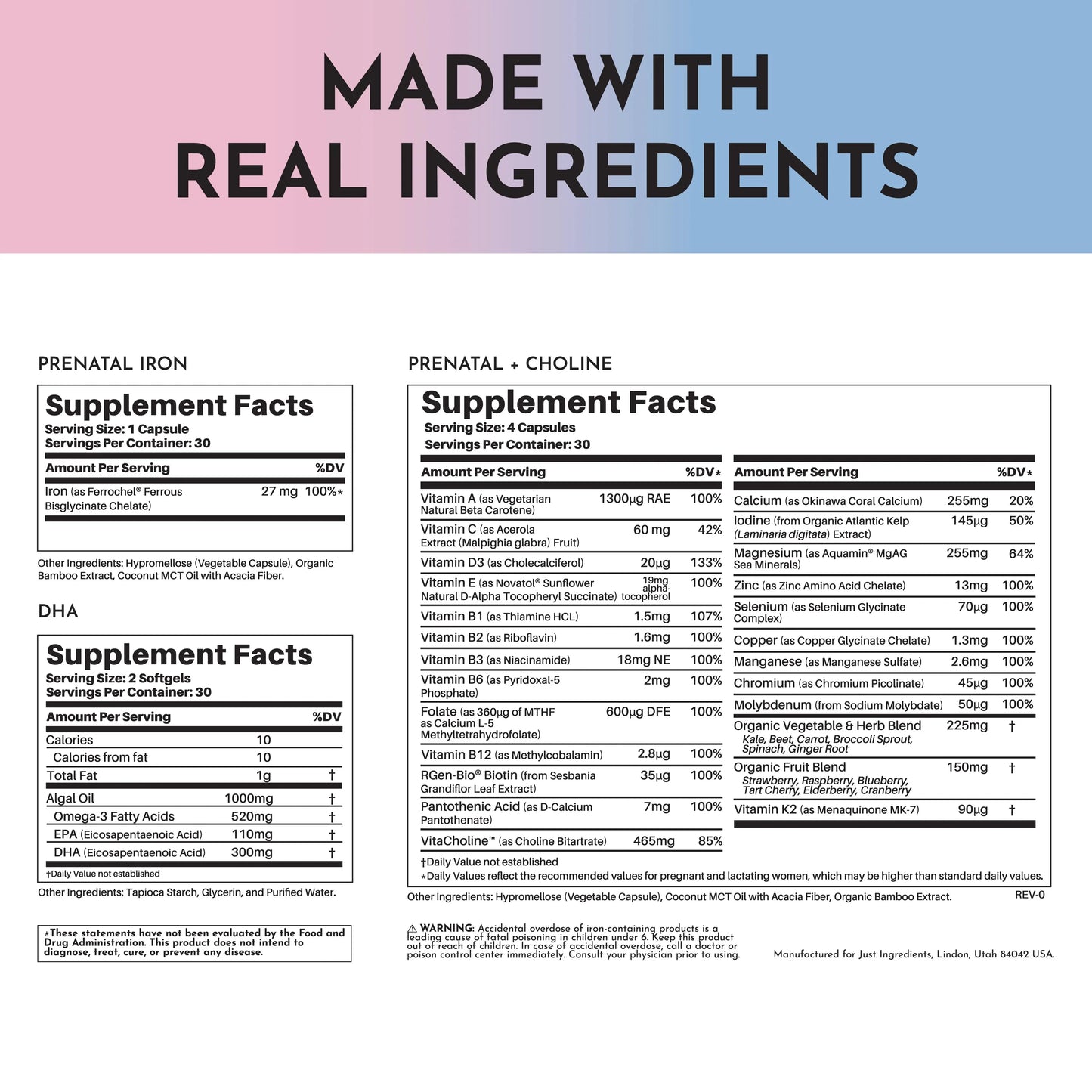 Just Ingredients Prenatal (+ Choline) + DHA + Iron (Gift Box) - Essentiallydestinyy