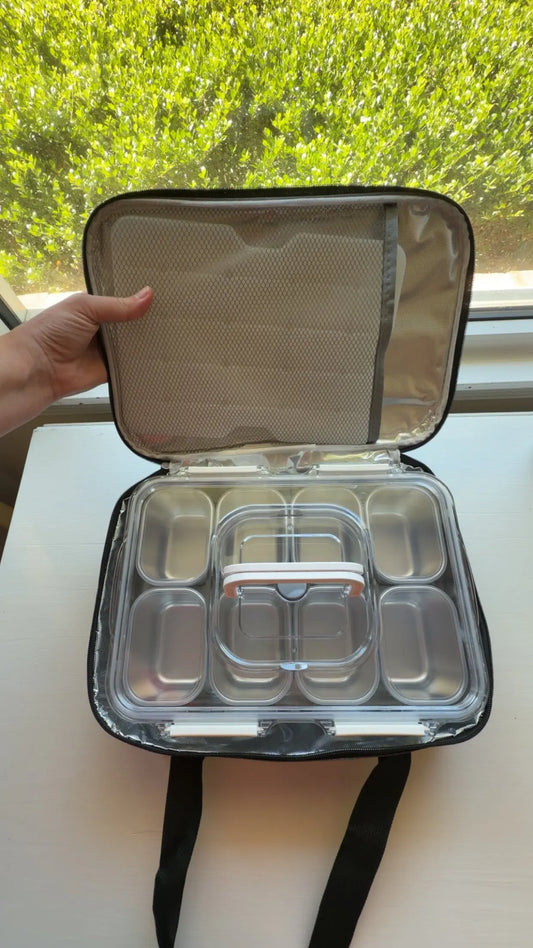 Stainless Steel Snackle Box with Ice Pack + Insulated Bag (8 Compartments) - Essentiallydestinyy