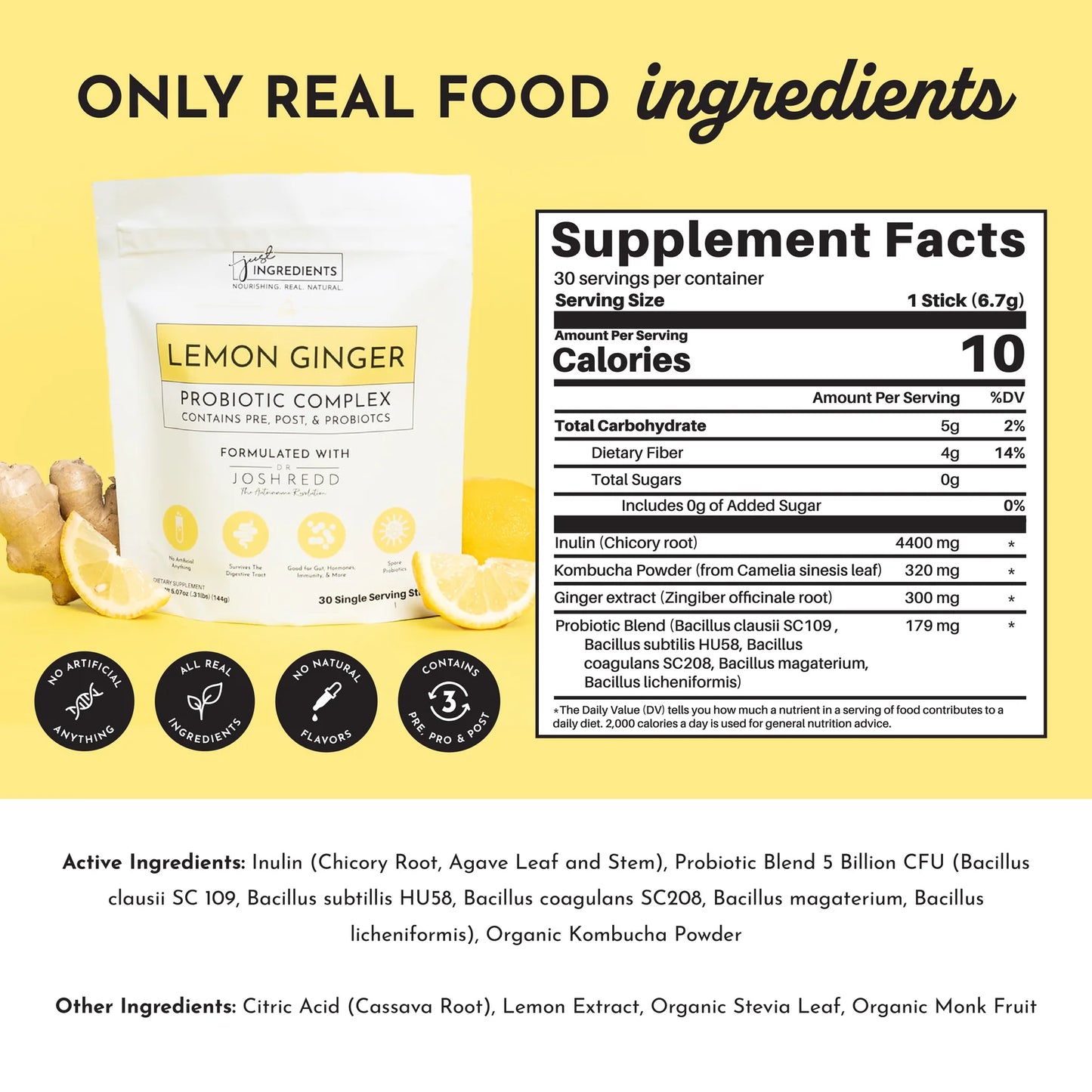 Just Ingredients Lemon Ginger 3-In-1 Probiotic Complex