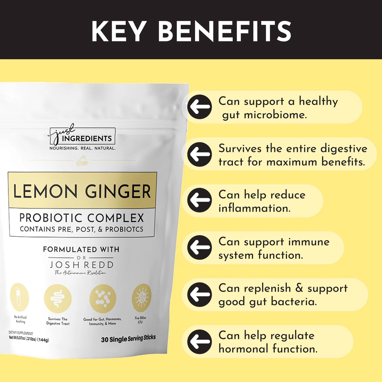 Just Ingredients Lemon Ginger 3-In-1 Probiotic Complex