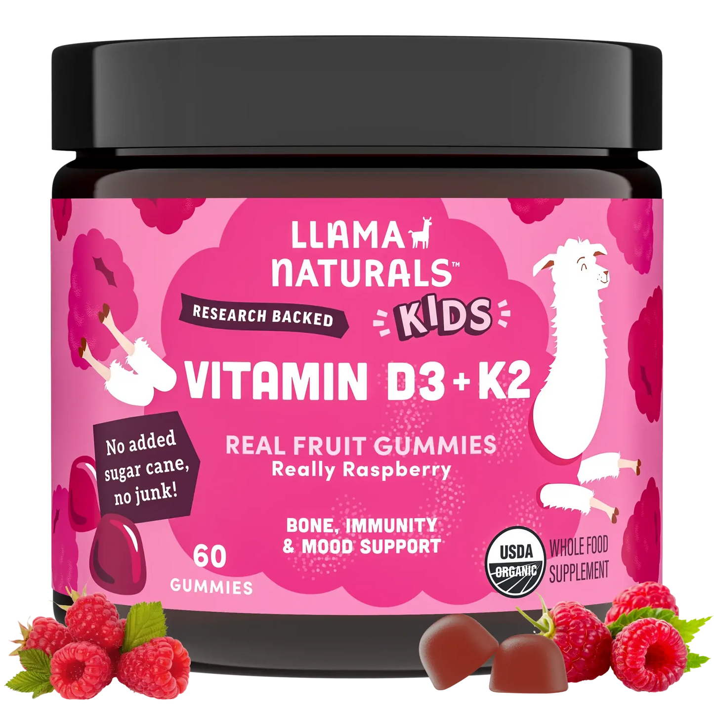 Llama Naturals Kids Vitamin D3 + K2 Gummies, Raspberry (60 ct) - Essentiallydestinyy