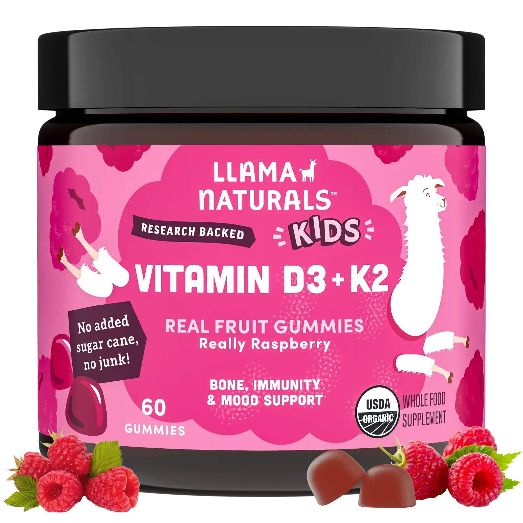 Llama Naturals Kids Vitamin D3 + K2 Gummies, Raspberry (60 ct) - Essentiallydestinyy