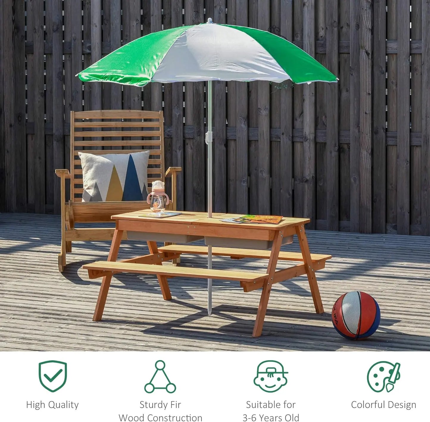 Outsunny Kids Picnic Table with Umbrella and Storage - Essentiallydestinyy