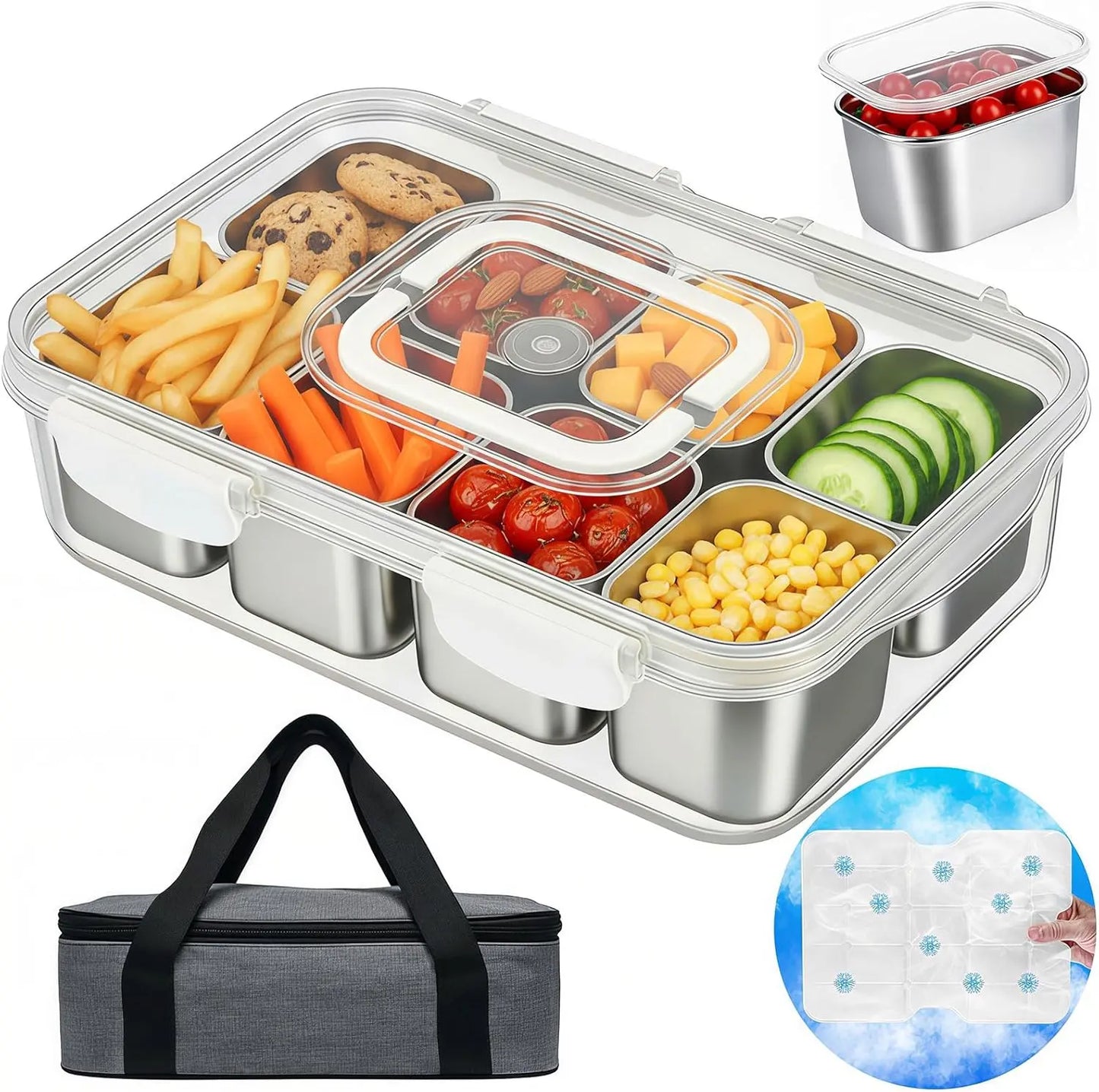 Stainless Steel Snackle Box with Ice Pack + Insulated Bag (8 Compartments) - Essentiallydestinyy