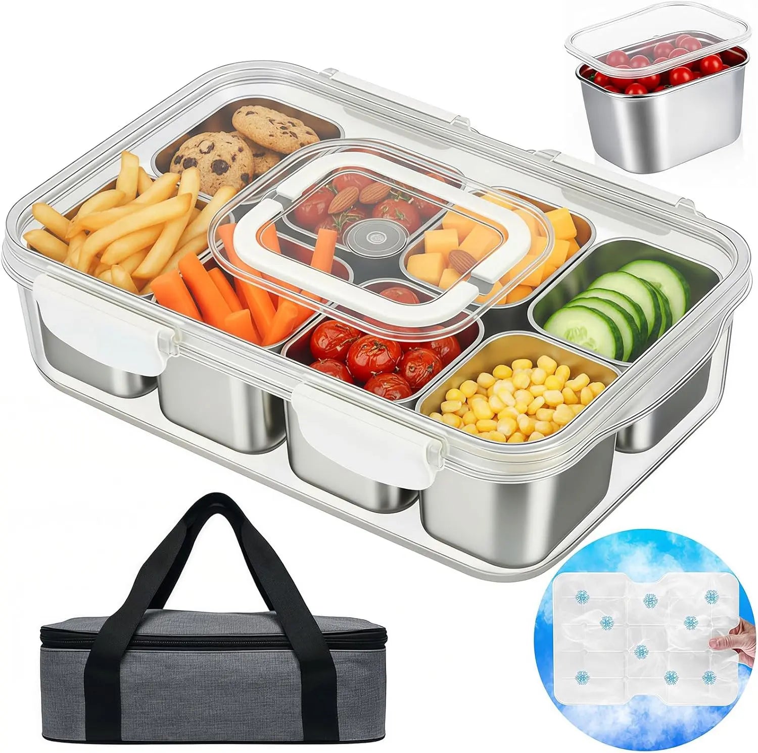 Stainless Steel Snackle Box with Ice Pack + Insulated Bag (8 Compartments) - Essentiallydestinyy