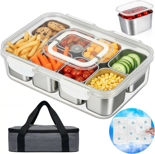 Stainless Steel Snackle Box with Ice Pack + Insulated Bag (8 Compartments) - Essentiallydestinyy